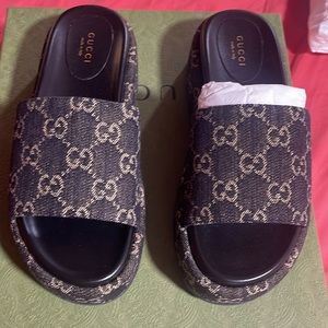 Gucci GG Jacquard Black Denim Slides